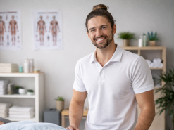 Physiotherapeut lächelt in die Kamera, während ein Patient entspannt auf der Liege liegt, in eine